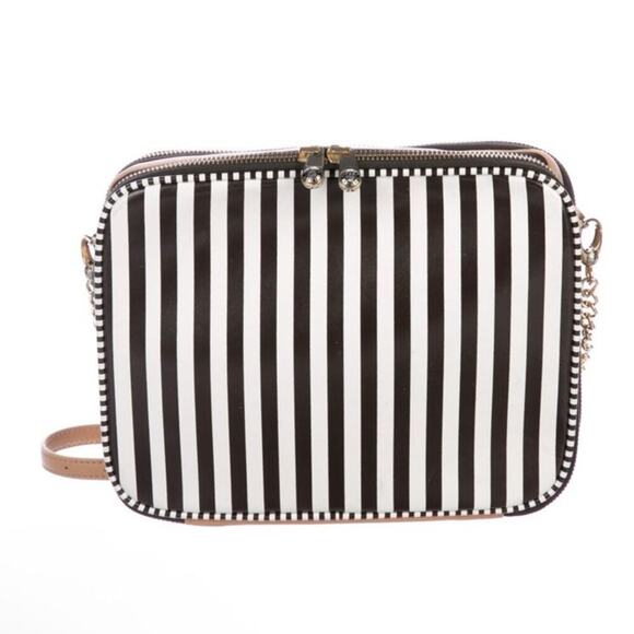 NEW Henri Bendel Striped Leather iPad Crossbody Bag Women's Brown White - Picture 1 of 9